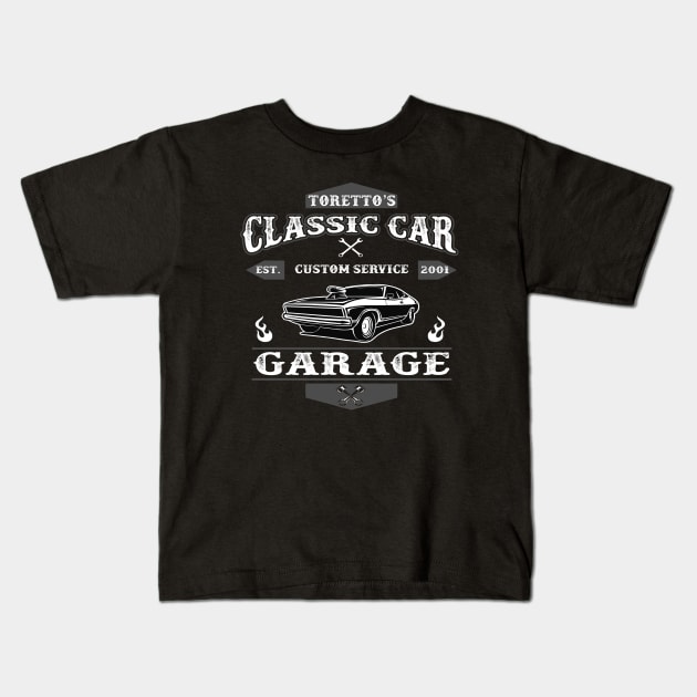 Toretto's Classic Car Garage Kids T-Shirt by Alema Art